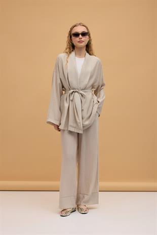 Matilda Kuşaklı Kimono Takım - Taş
