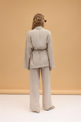 Matilda Kuşaklı Kimono Takım - Taş