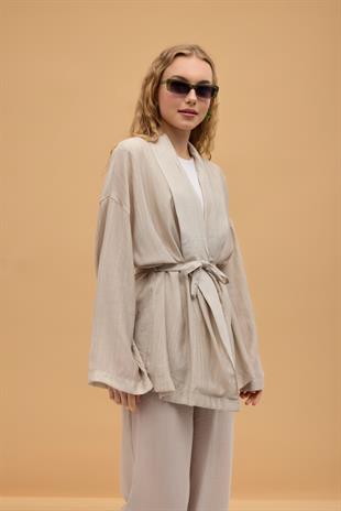 Matilda Kuşaklı Kimono Takım - Taş