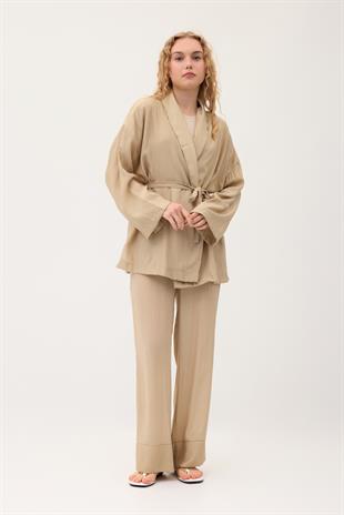Matilda Kuşaklı Kimono Takım- Vizon