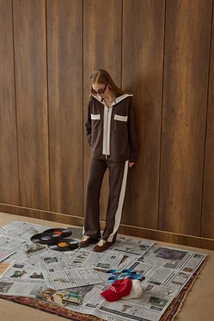 Mattea Yakalı Garnili Modal Takım - Kahverengi 