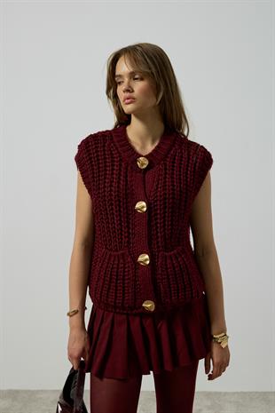 Maya Kalın Örgü Düğmeli Süveter - Bordo