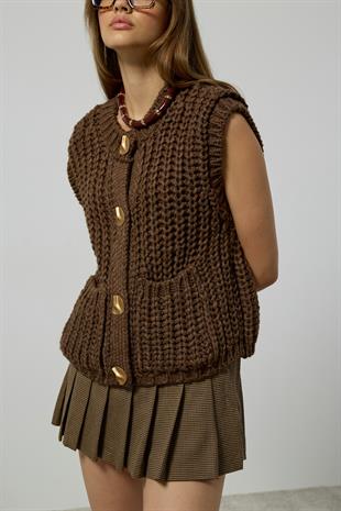 Maya Kalın Örgü Düğmeli Süveter - Kahverengi 