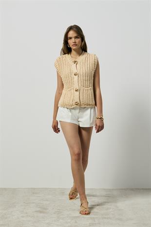 Maya Kalın Örgü Düğmeli Süveter - Krem