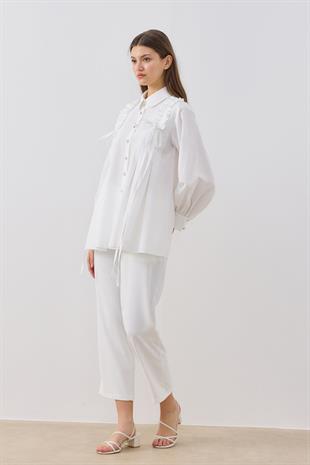 Melaina Pileli Fırfırlı Gömlek - Beyaz