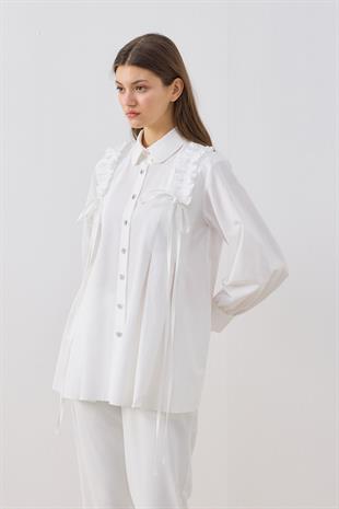 Melaina Pileli Fırfırlı Gömlek - Beyaz