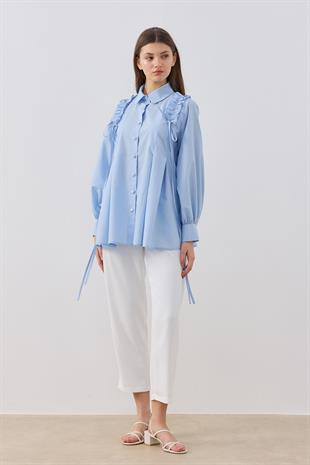 Melaina Pileli Fırfırlı Gömlek - Mavi