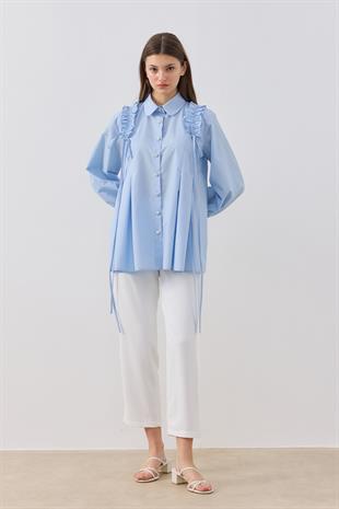 Melaina Pileli Fırfırlı Gömlek - Mavi