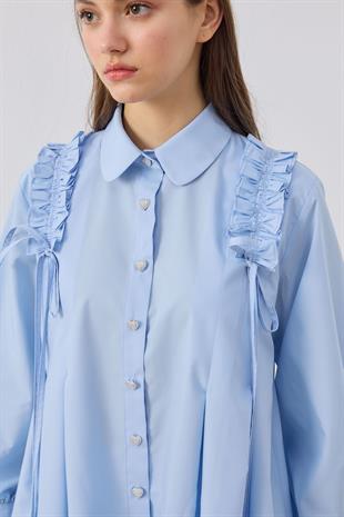Melaina Pileli Fırfırlı Gömlek - Mavi