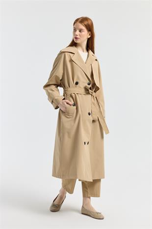 Melina Kuşaklı Maxi Boy Trençkot - Camel