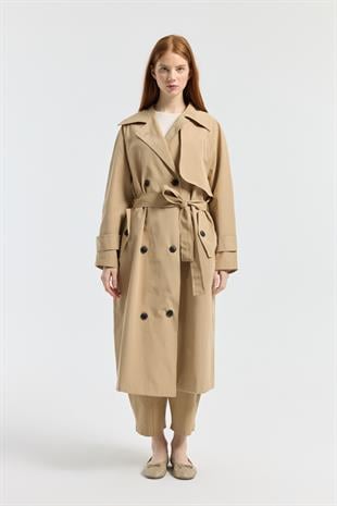 Melina Kuşaklı Maxi Boy Trençkot - Camel