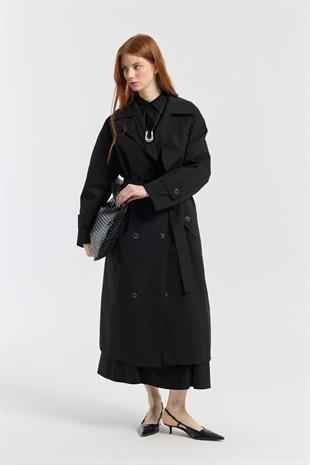 Melina Kuşaklı Maxi Boy Trençkot - Siyah