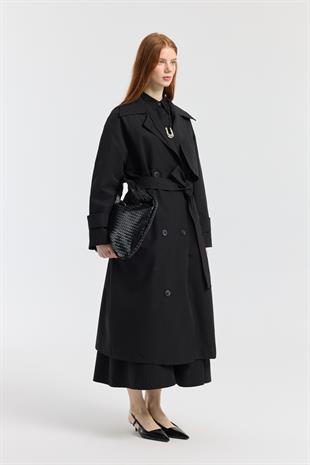 Melina Kuşaklı Maxi Boy Trençkot - Siyah