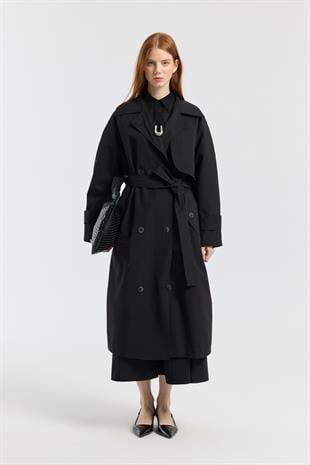 Melina Kuşaklı Maxi Boy Trençkot - Siyah