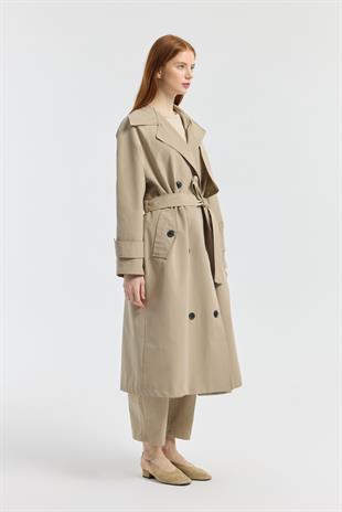 Melina Kuşaklı Maxi Boy Trençkot - Taş