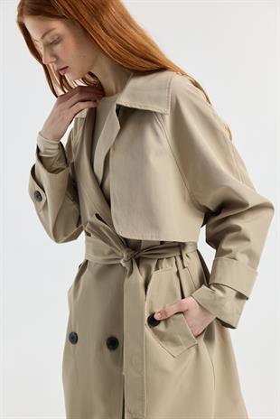 Melina Kuşaklı Maxi Boy Trençkot - Taş