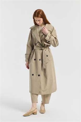 Melina Kuşaklı Maxi Boy Trençkot - Taş