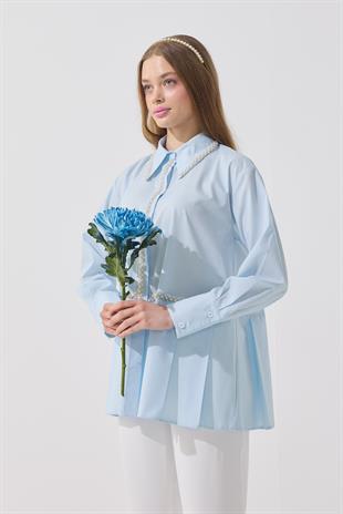 Melinda İnci İşlemeli Pileli Gömlek - Mavi