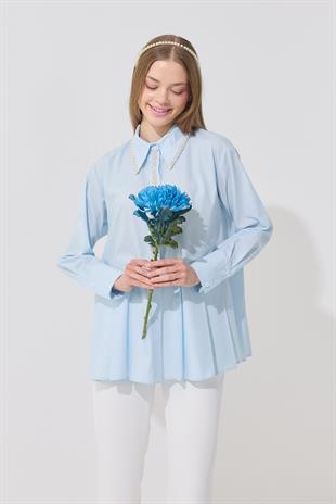 Melinda İnci İşlemeli Pileli Gömlek - Mavi