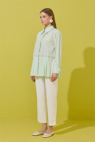 Melinda İnci İşlemeli Pileli Gömlek - Su yeşil