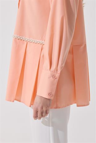 Melinda İnci İşlemeli Pileli Gömlek - Kavuniçi 