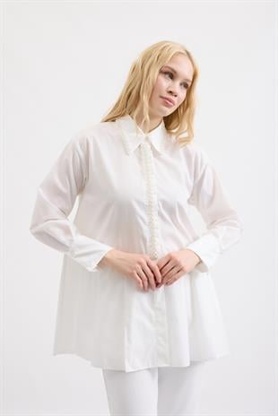 Melinda İnci İşlemeli Pileli Gömlek - Beyaz