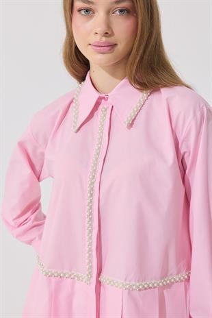 Melinda İnci İşlemeli Pileli Gömlek - Pembe 