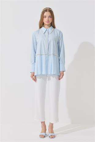 Melinda İnci İşlemeli Pileli Gömlek - Mavi