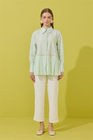 Melinda İnci İşlemeli Pileli Gömlek - Su yeşil