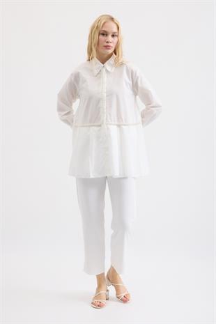 Melinda İnci İşlemeli Pileli Gömlek - Beyaz