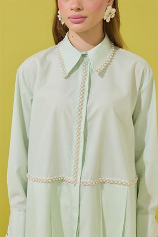 Melinda İnci İşlemeli Pileli Gömlek - Su yeşil