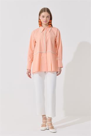 Melinda İnci İşlemeli Pileli Gömlek - Kavuniçi 