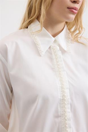 Melinda İnci İşlemeli Pileli Gömlek - Beyaz