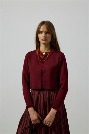 Mercy Fırfırlı Tek Düğmeli Hırka - Bordo