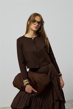 Mercy Fırfırlı Tek Düğmeli Hırka - Kahverengi 