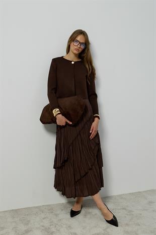 Mercy Fırfırlı Tek Düğmeli Hırka - Kahverengi 