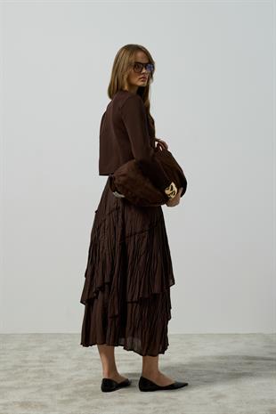 Mercy Fırfırlı Tek Düğmeli Hırka - Kahverengi 