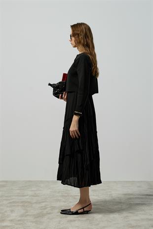 Mercy Fırfırlı Tek Düğmeli Hırka - Siyah