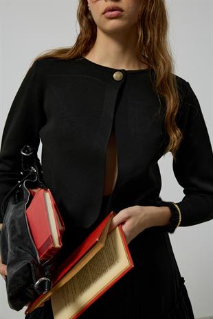 Mercy Fırfırlı Tek Düğmeli Hırka - Siyah