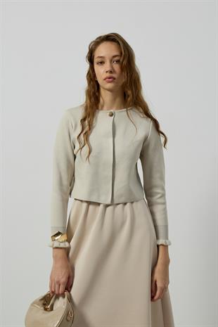 Mercy Fırfırlı Tek Düğmeli Hırka - Taş 