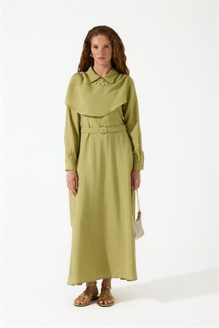 Merida Kemerli Şal Yaka Modal Elbise - Zeytin Yeşil