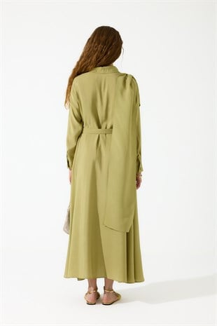 Merida Kemerli Şal Yaka Modal Elbise - Zeytin Yeşil