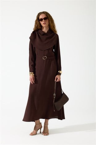 Merida Kemerli Şal Yaka Modal Elbise - Acı kahve 