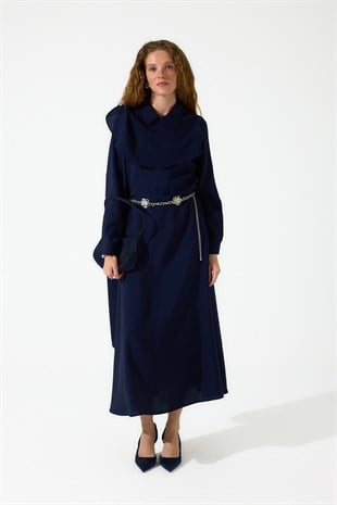 Merida Kemerli Şal Yaka Modal Elbise - Lacivert