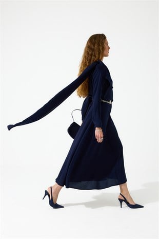 Merida Kemerli Şal Yaka Modal Elbise - Lacivert