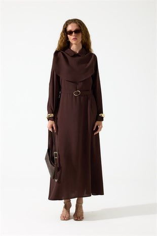 Merida Kemerli Şal Yaka Modal Elbise - Acı kahve 