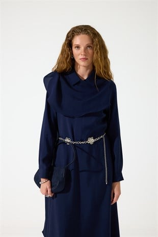 Merida Kemerli Şal Yaka Modal Elbise - Lacivert