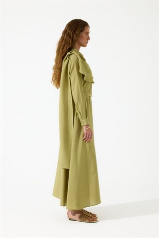 Merida Kemerli Şal Yaka Modal Elbise - Zeytin Yeşil