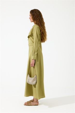 Merida Kemerli Şal Yaka Modal Elbise - Zeytin Yeşil