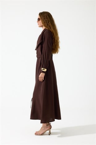 Merida Kemerli Şal Yaka Modal Elbise - Acı kahve 
